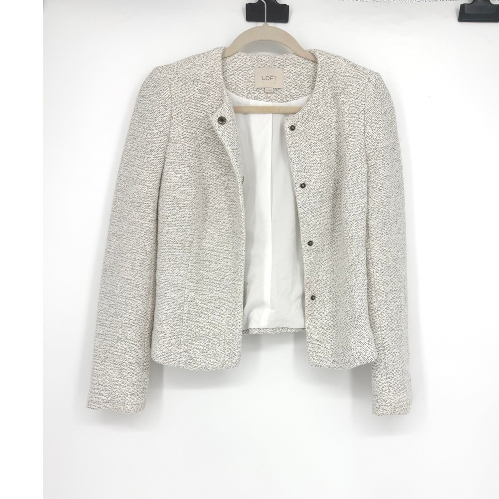 Ann Taylor LOFT Womens 0 Marled Tweed Collarless Snap Front Jacket White Black